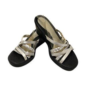 SKECHERS Woman Multi SILVER Strap Slip Slide On Shoes Mules Wedge Heel size 8